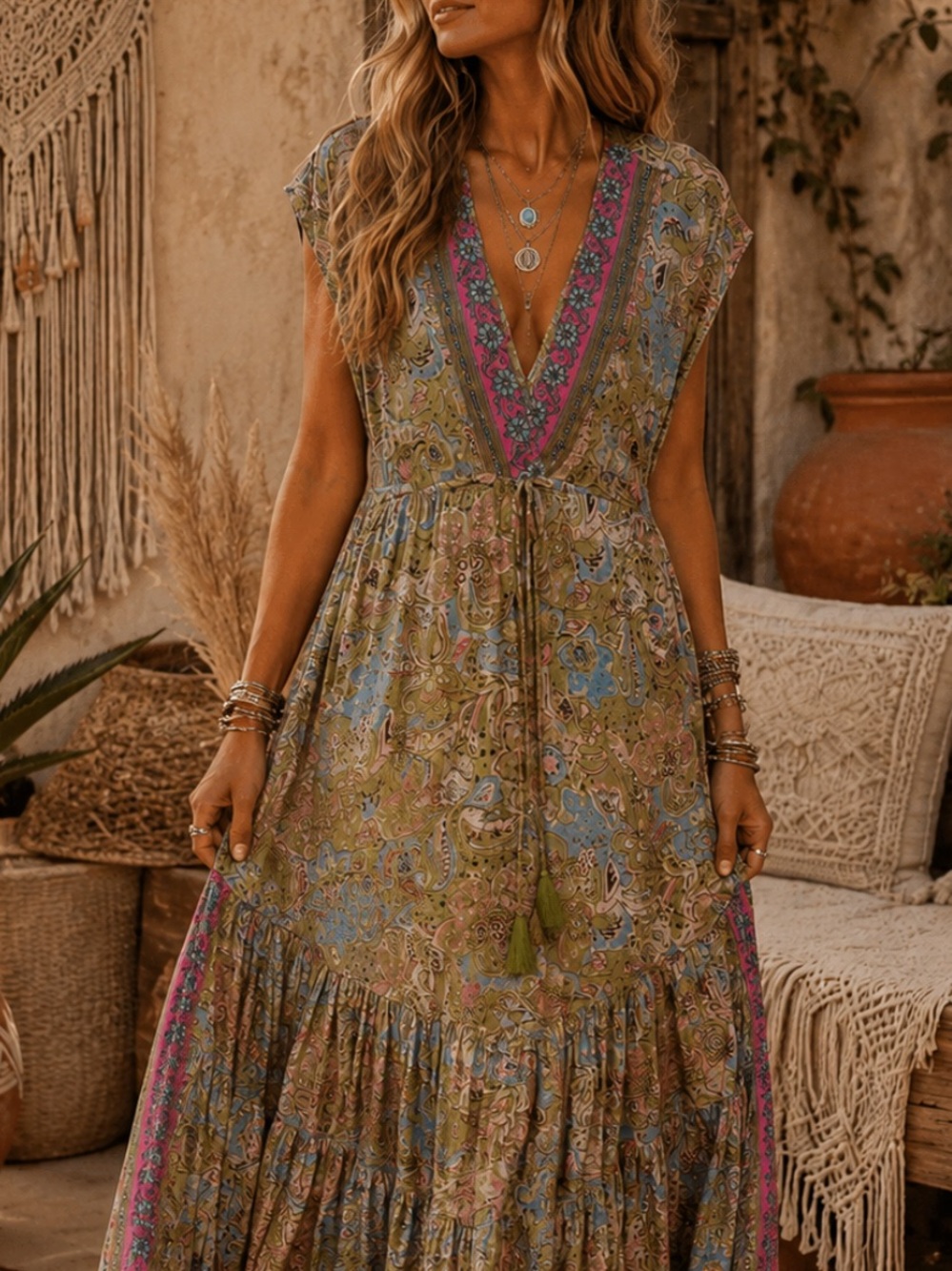 Karma Highway womans Paisley V-Neck Maxi Dress in Pink & Green size OS